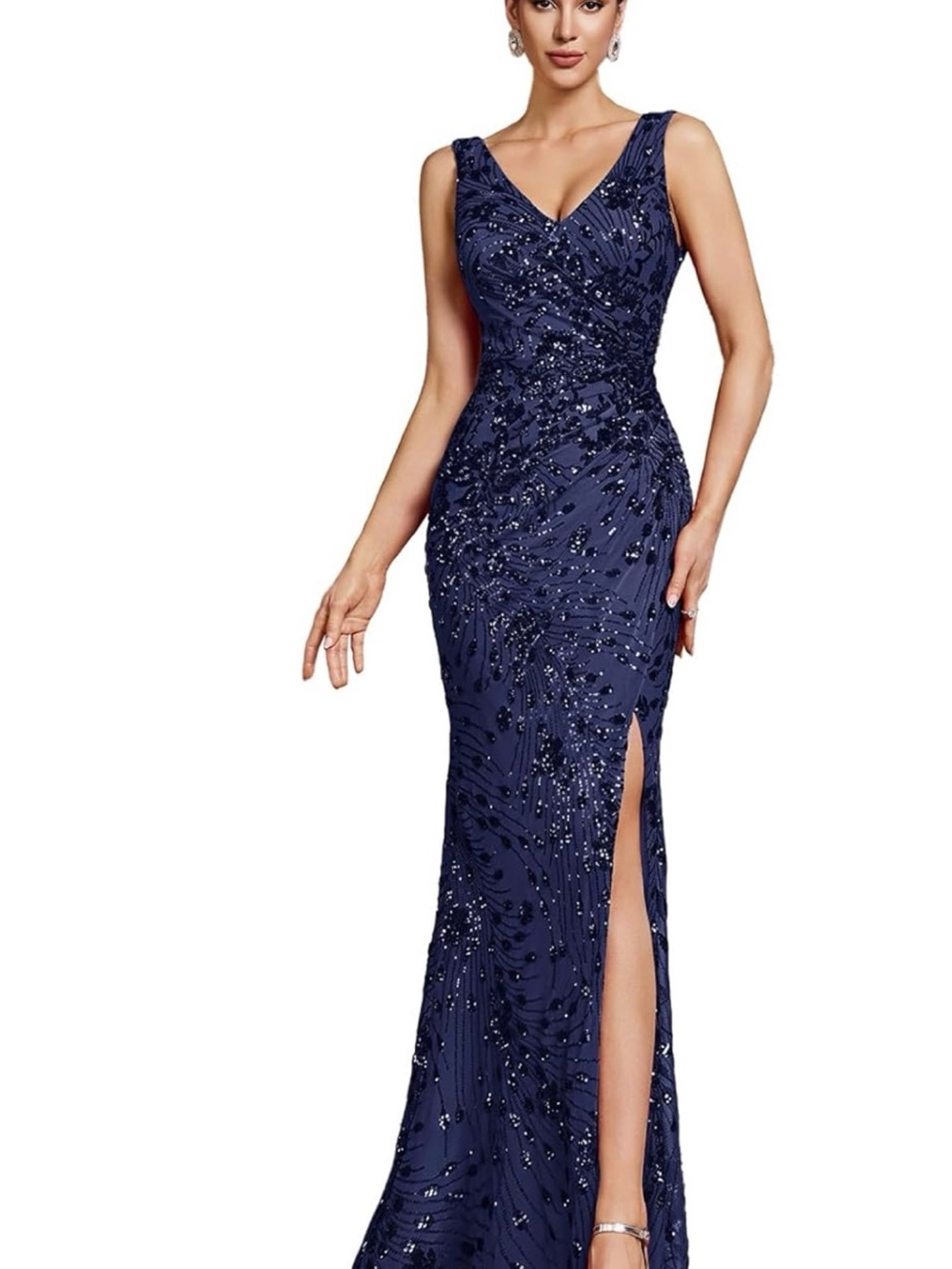 Elegant Navy Sequin V-Neck Maxi Dress with High Slit